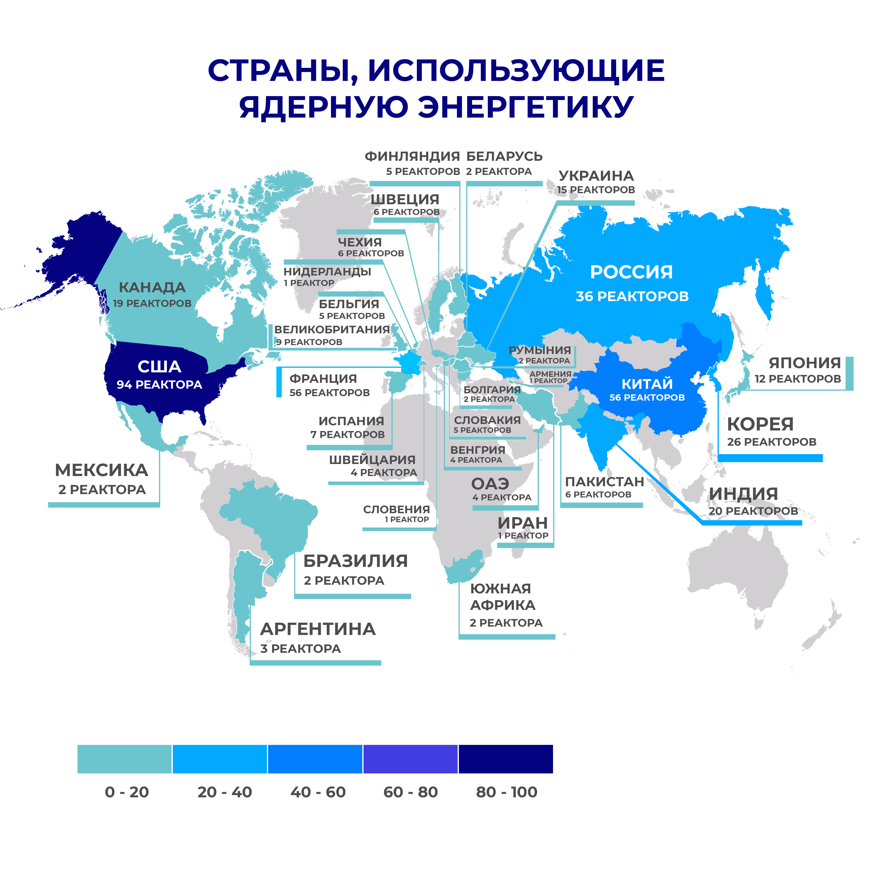 Бүгінгі таңда атом электр станциялары барлық континенттерде (Австралия мен Антарктидадан басқа) 32 елде орналасқан.